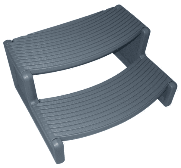 Confer Plastics Handi-Step Spa Steps, Charcoal Gray designed to fit around the base of an above-ground pool, gray in color with ribbed texture for grip.